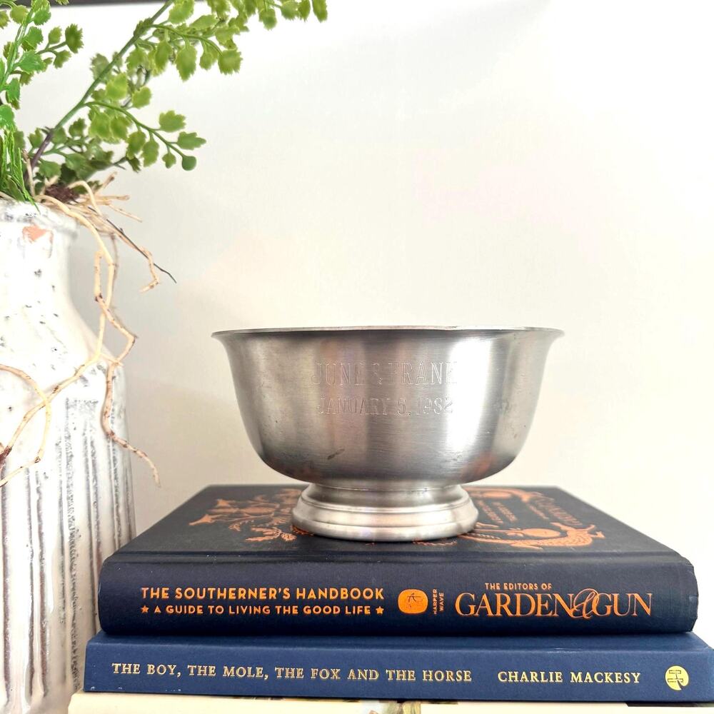 Vintage Colonial Engraved Pewter Revere Reproduction Pedestal Bowl 6”